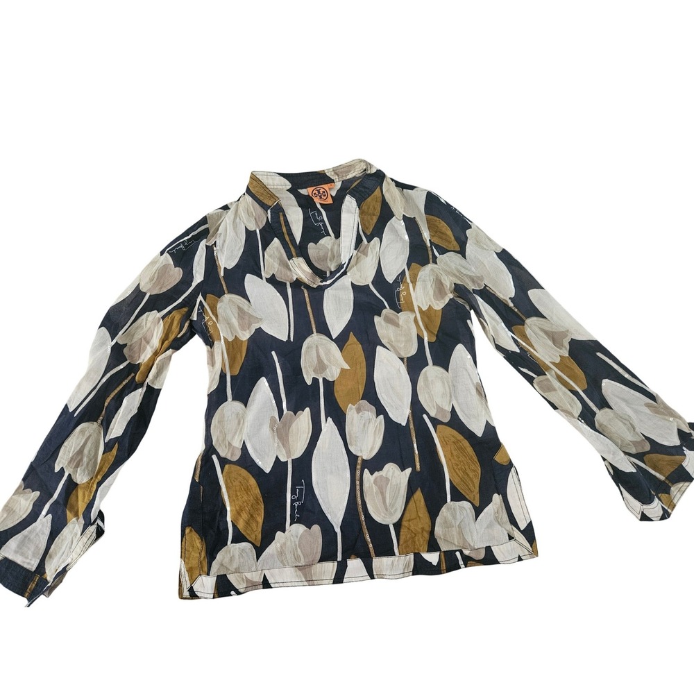 Tory Burch Tunic Top Women 10 Navy Gold Floral Sequin Cotton Excellent 13121167